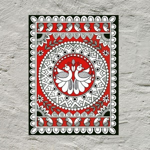 May include: A red, white, and black mandala design with two white birds in the center. The mandala is surrounded by a black border with white dots.