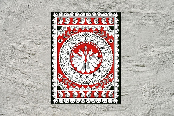 Red Madhubani Wall Art | Indian Folk Art Poster (Digital Download)
