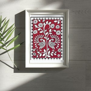 May include: Framed artwork featuring a black and white illustration of two peacocks on a red background with white flowers and leaves. The artwork is framed in a white frame.