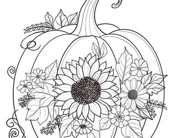 Printable Pumpkin coloring sheets  with flowers | coloring pages | adult coloring pages | kids coloring pages | coloring autumn leaves