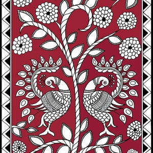 May include: A traditional Indian folk art painting featuring two peacocks in white on a red background. The peacocks are perched on a stylized tree with white flowers and leaves. The painting is framed with a black and white geometric border.