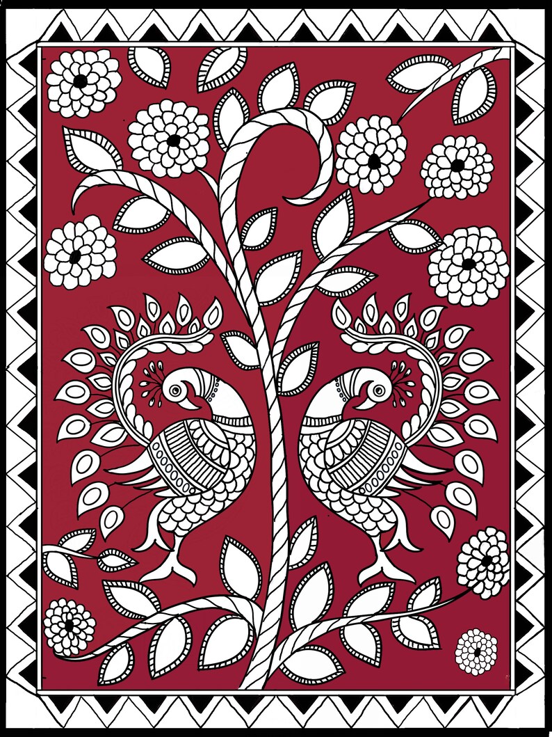 May include: A traditional Indian folk art painting featuring two peacocks in white on a red background. The peacocks are perched on a stylized tree with white flowers and leaves. The painting is framed with a black and white geometric border.
