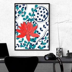 Lotus flower minimalist printable digital wall art|  Red and green  wall art  | instant  download