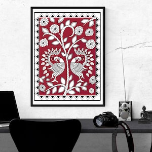 May include: A framed black and white illustration of two peacocks on a red background. The peacocks are surrounded by stylized flowers and leaves. The frame is black with a white border.