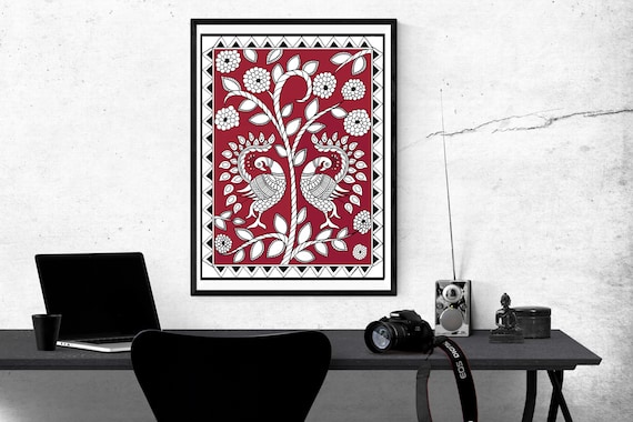 Red Madhubani Wall Art | Indian Folk Art Print (Digital Download)