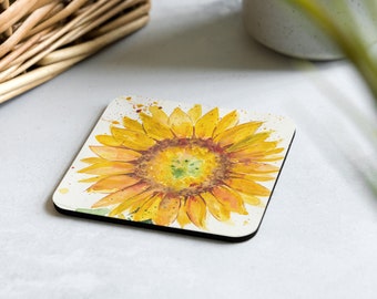 Cork based coaster with Sunflower print, decorative coaster,  bright and colorful coaster, a perfect gift for friends & family