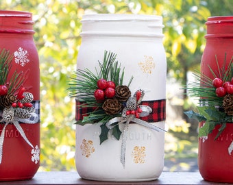 Hand Painted Christmas Mason Jar Decor, Buffalo Plaid Ribbon