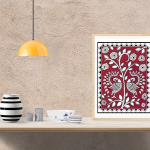 May include: A framed print of a traditional Indian folk art painting depicting two peacocks on a tree with red, white, and black colors.