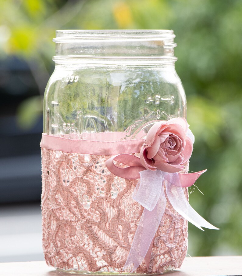 Jar Pink Ribbons Decorative Dusty Pink Lace Mason Jar for Weddings and Special Events - Etsy