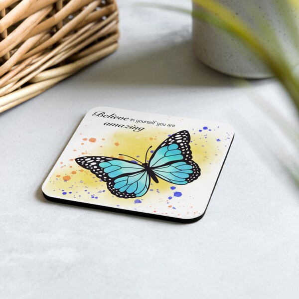 Butterfly print Cork based coaster in bright colors with motivational quote, decorative coaster, a perfect gift for friends and family