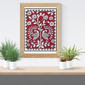 May include: A framed print of a traditional Indian folk art design featuring two peacocks on a red background with black and white details. The design is surrounded by a black and white border.