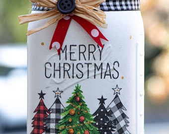 Merry Christmas white decorative mason jar with Xmas tree pattern