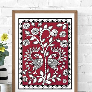 May include: A framed print of a traditional Indian folk art design featuring two peacocks facing each other on a red background with white floral motifs and black outlines.