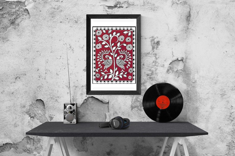 May include: A framed black and white illustration of two peacocks on a red background with white floral designs. The frame is black and the illustration is in a square format.