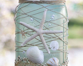 Sea Green Beach Decor Mason Jar: Starfish Shell Accent