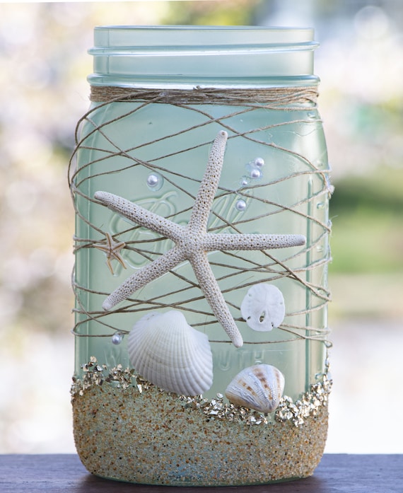 Sea Green Beach Decor Mason Jar: Starfish Shell Accent