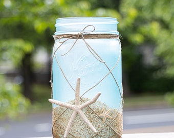 Beach Themed Mason Jar, Coastal Decor with Starfish Shells