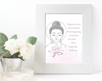 Happiness Motivational Quote digital printable wall art, Minimalist buddha wall art, inspirational quote print, buddha art, downloadable