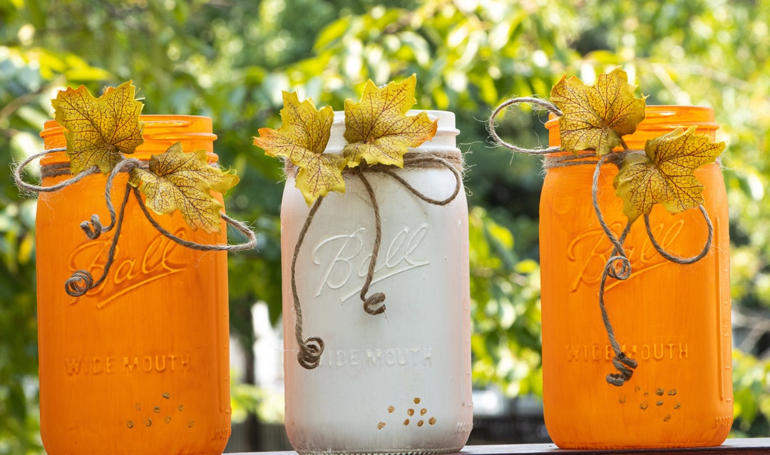 Decorative Wide Mouth Mason Jars Painted in Fall Colors, Available in