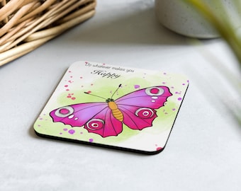 Butterfly print Cork based coaster in bright colors with motivational quote, decorative coaster, a perfect gift for friends and family