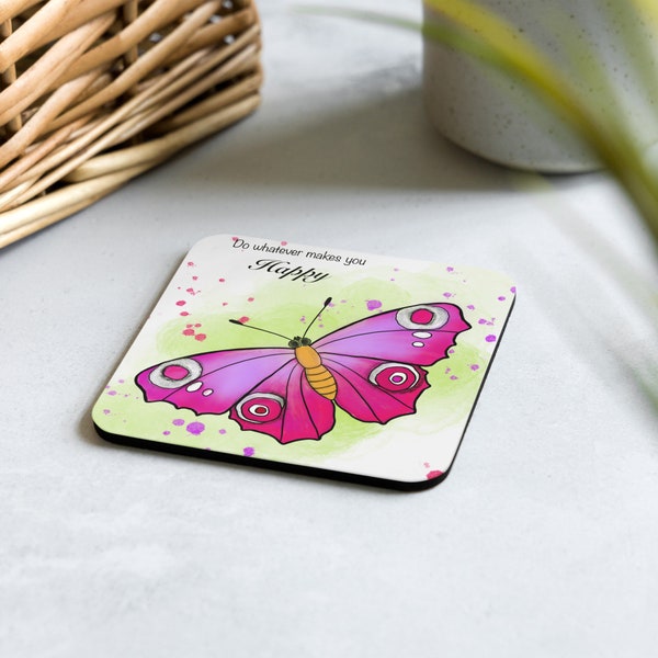 Butterfly print Cork based coaster in bright colors with motivational quote, decorative coaster, a perfect gift for friends and family