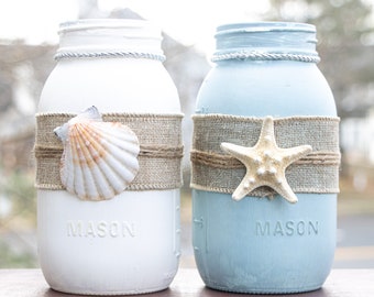 Beach Theme Mason Jar Decor, Seashell Accent, Hand Painted