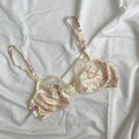 Vintage 80s Valentino Ivory Mesh Pastel Rose Floral Satin Unlined Bra  34B/32C 