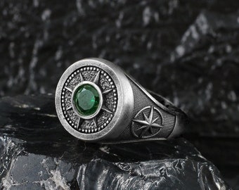 Silver Signet Mens Emerald Ring, Silver Rings For Men, Signet Pinky Ring Men, Silver Compass Ring Men, Genuine Emerald Ring, Birthday Gift