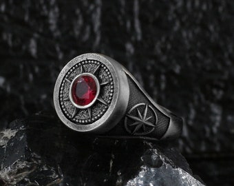 North Star Signet Ring with Red Ruby, 925 Sterling Silver Celestial Ring, Personalized Mens Ruby Ring, Gemstone Ring, Personalized Gift