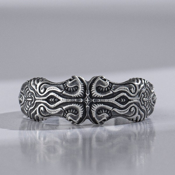 Viktorianischer Motiv Bandring in Sterling Silber, Antiker Herrenring, Vintage Stil Verlobungsring für Männer, Jahrestag Geschenk