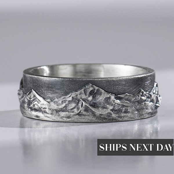 Mountain Band Ring For Men in Sterling Silver, Nature Wedding Ring to Family, Engraved Engagement Ring, Unique Promise Ring, Birthday Gift