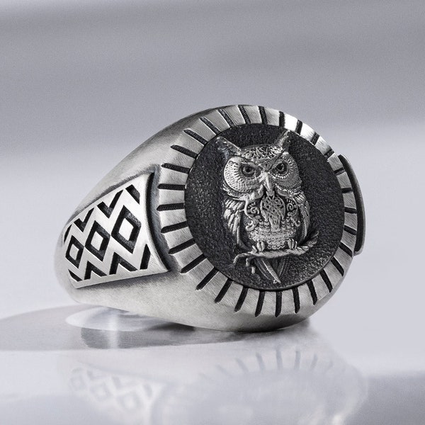 Owl Celtic Sterling Silver Signet Ring, Nature Bird Animal Unique Men Ring, Engraved Promise Ring For Men, Vintage Men Jewelry Gift Husband