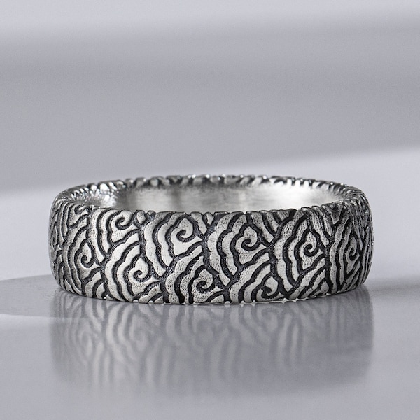 Bague de bande gravée dans les nuages japonais en argent sterling, bague vintage Dainty Mens Promise, alliance unique empilable à papa, cadeau de Noël