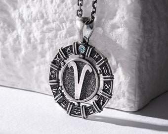 Widder Silber Münze Halskette Anhänger für Männer, einzigartige Sternzeichen Halskette für Mann, Astrologie Halskette, Geburtsstein Halskette, Geburtstagsgeschenk