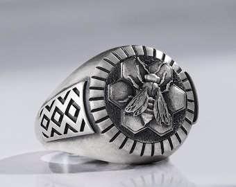 Bague Homme Argenté Sterling Chérie Abeille Gravée, Anneau Pinky Unique pour Hommes, Bague d’Animal Nid d’Abeille Dainty, Bague de Noces Nature Homme Cadeau