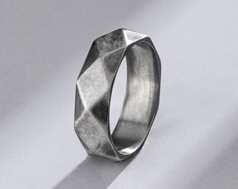 Sterling Silber Hexagon Vintage Band Ring Herren, Handgemachte Gravur Herren Pinky Ring für Familie, Geometrische Unikat Ringe für Männer, Geburtstagsgeschenk