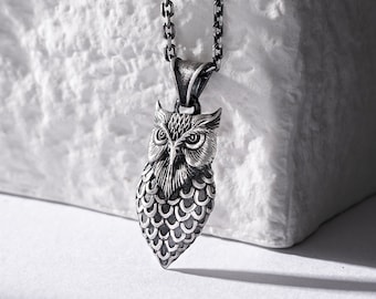 Owl Necklace For Men in Sterling Silver, Bird Necklace Pendant For Husband, Handmade Necklace, Engraved Jewelry, Birthday Gift For Boyfriend