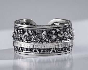 The Last Supper Faith Engraved Band Ring For Men in Silver, Ancient Christian Promise Ring For Boyfriend, Unique Wedding Ring, Birthday Gift