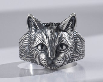 Cat Dainty Animal Sterling Silver Ring For Best Friend, Vintage Fantasy Unique Cat Ring For Mom, Dainty Gothic Men Jewelry, Christmas Gift