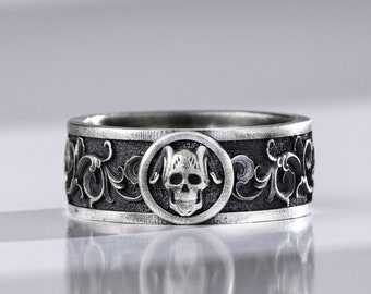 Horned Skull Floral Plant vintage Band Ring en argent sterling, bague pour homme gravé gothique, bague unique empilable Goth pour la famille, cadeau de papa