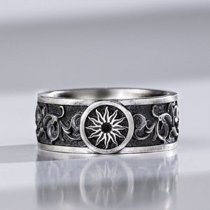 Celestial Sun Sterling Silver Dainty Band Ring Men, Engraved Promise Boho Rings For Men, Unique Vintage Floral Wedding Ring, Boyfriend Gift