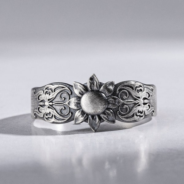 Sunflower Butterfly Handmade Sterling Silver Ring, Nature Daisy Dainty Ring For Mom, Vintage Floral Promise Rings For Men, Gift For Family