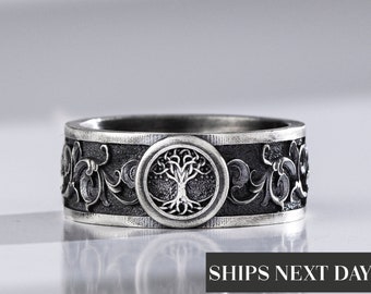 Tree of Life Yggdrasil Handmade Silver Engraved Band Ring, Mythology Vintage Celtic Wedding Ring For Men, Unique Viking Promise Ring Gift