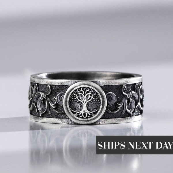 Arbre de vie Yggdrasil Fait à la main en argent gravé Band Ring, Mythologie vintage Celtic Wedding Ring Pour Hommes, Unique Viking Promise Ring Cadeau