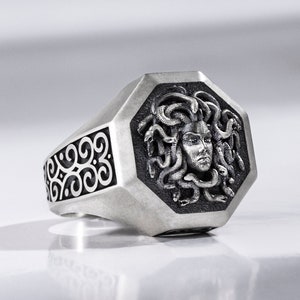 Sterling Silver Medusa Engraved Signet Mens Ring, Handmade Vintage Mythology Ring For Her, Greek Unique Gothic Ring, Pinky Ring, Family Gift