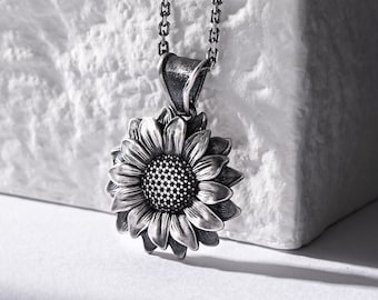 Collar de girasol en plata de ley 925, collar de flores de la naturaleza a la esposa, colgante de collar delicado al marido, colgante delicado, regalo familiar