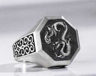 Chinese Dragon Vintage Signet Ring in Silver, Cool Minimalist Fantasy Ring For Husband, Ancient Mythology Engraved Rings For Men, Gift Mom