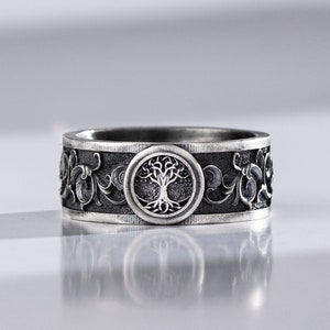 Tree of Life Yggdrasil Handmade Silver Engraved Band Ring, Mythology Vintage Celtic Wedding Ring For Men, Unique Viking Promise Ring Gift image 2