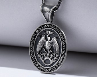 Phoenix Firebird Engraved Silver Charm Necklace, Vintage Greek Mythology Necklace For Boyfriend, Unique Bird Animal Necklace, Birthday Gift