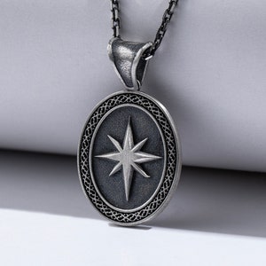 North Star Unique Oxidized Silver Pendant Necklace, Engraved Compass Charm Necklace For Men,  Dainty Celestial Jewelry, Best Friend Gift